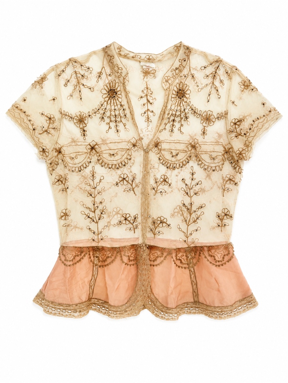 Embroidered Lace Peplum Blouse - Cream & Peach